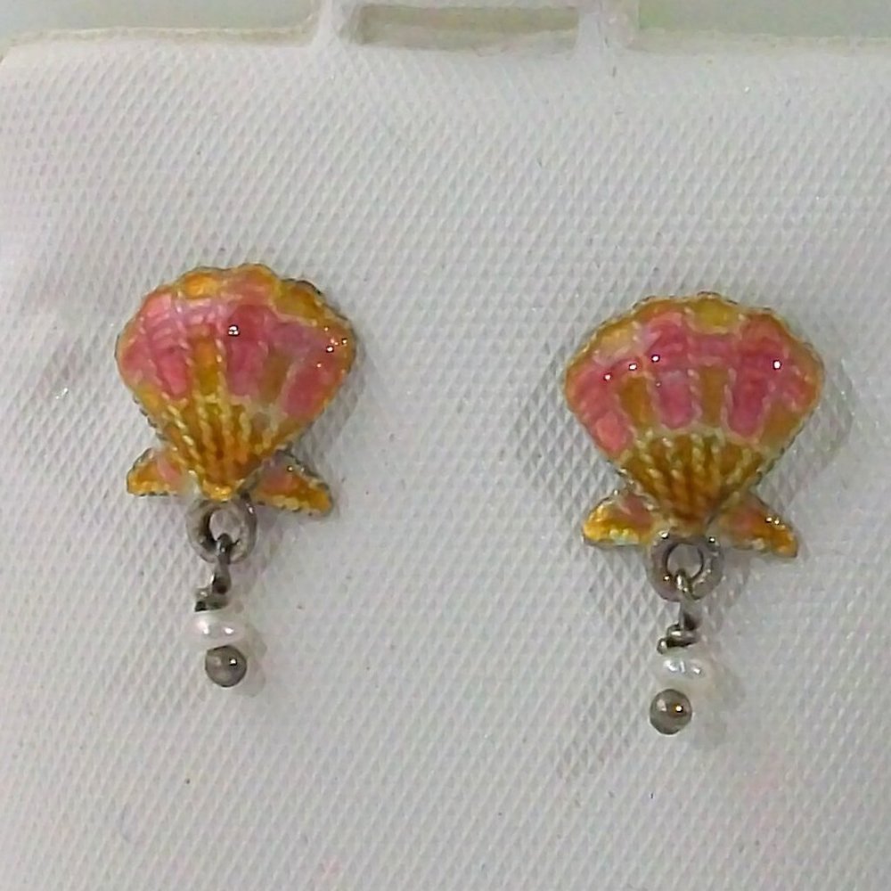 Pink Yellow Enamel Mini Scallop Shell Dangle Pearl Seed Bead Pierced Earrings